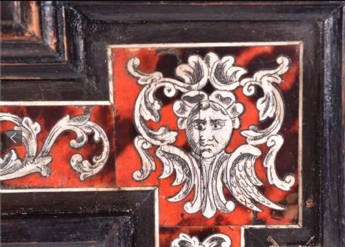 fig 1. Small C18th mirror with tortoishell and ivory inlay with a pedimented top