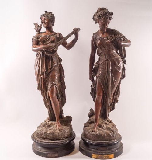 Large Pair of C19th Painted Spelter Figures of Classical Maidens