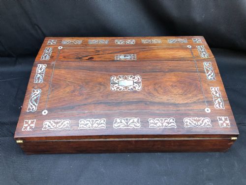 C19th Rosewood Writing Slope Inlaid with Mother of Pearl Shell.