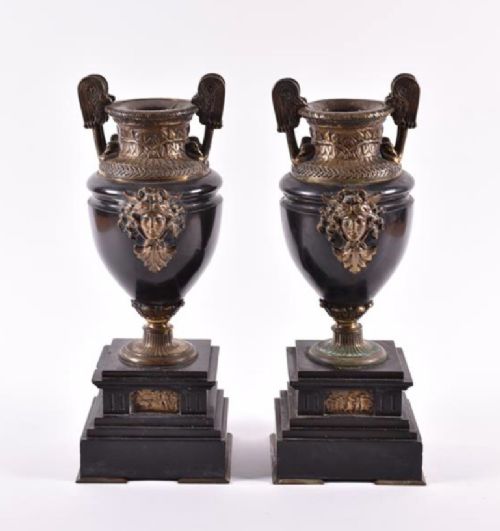 A Pair of French Empire Black Marble Urns with Bronze Mounts