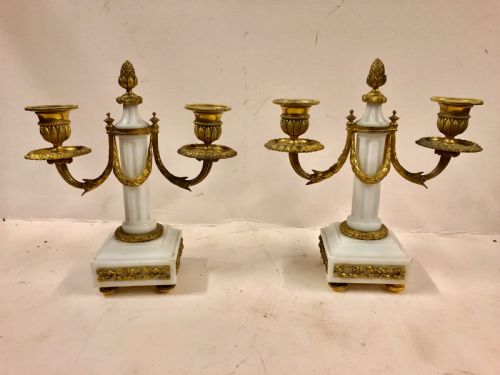 C19th Pair of Alabaster and Ormolu Empire Candelabra