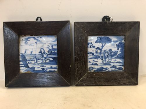 Pair of C17th Delft Tiles in Wooden Frames