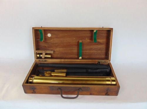 fig 1. C19th brass three drawer telescope on tripod wooden base