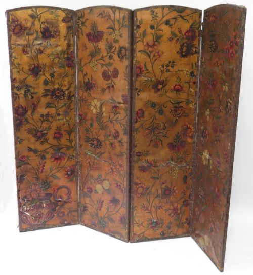 A C19th Four Fold Painted Leather Screen
