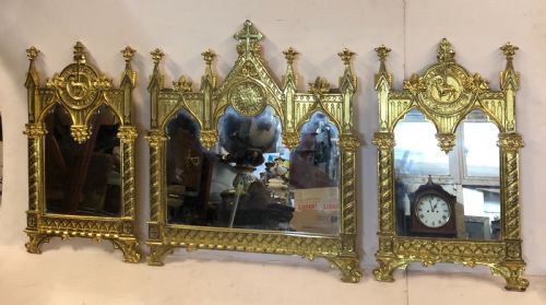 C19th Gothic Mirror Triptych in Gilded Bronze