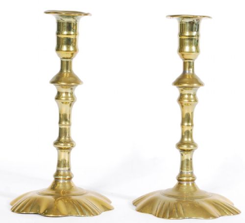 Pair of C18th Petal Based Brass Candlesticks