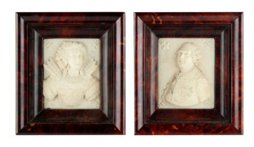 Pair of Tortoishell Framed Dieppe Ivory Carvings of Louis XVI and Marie Antoinette