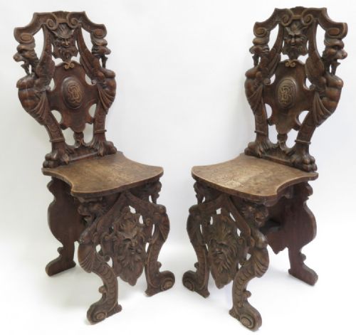 C19th Pair of Sgabello Walnut Carved Hall Chairs