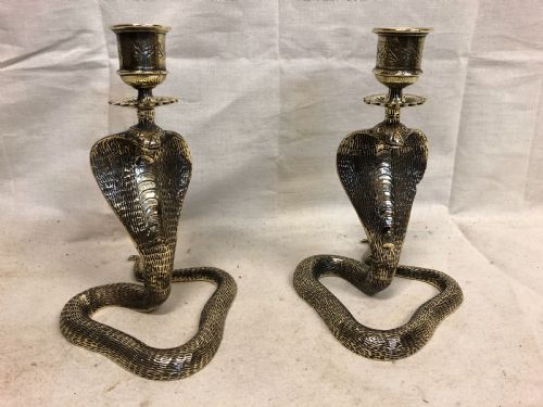 C19th Pair of Brass Candlesticks Shaped as Cobras