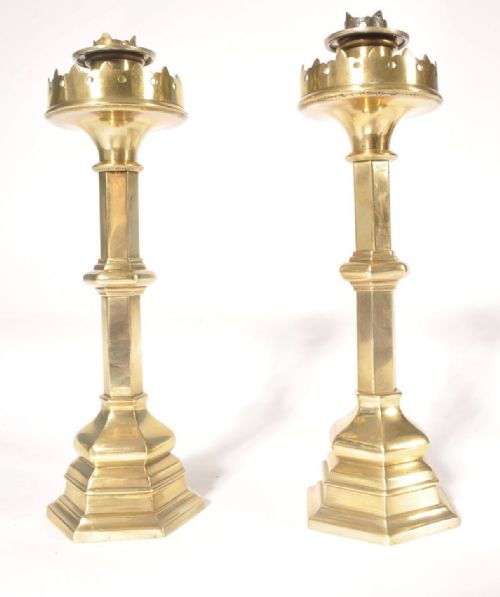 Pair of Heavy Brass Gothic Candlesticks