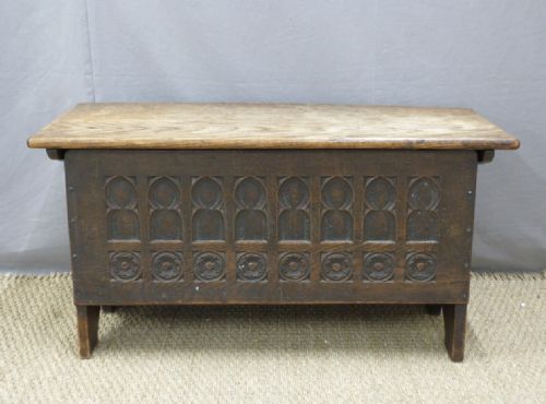 C19th Elm Gothic Carved Arts and Crafts Lidded Box of Small Proportions