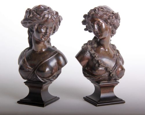 C19th Bronze Busts of Flora and Bachaneli by Lve Robert