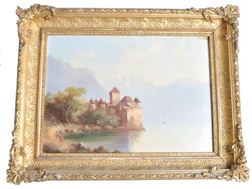 C19th Swiss Oil Painting of Chateau De Chillon