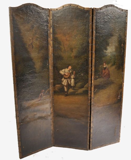C19th Leather Painted Threefold Screen