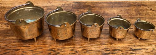 C19th Graduating Set of 5 Brass Cooking Pans with Feet