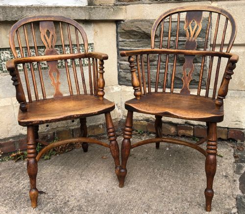 C19th Pair of Windsor Armchairs with Crinoline Stretchers