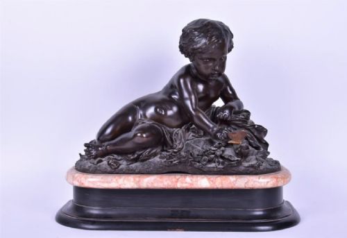 Large C19th Continental Bronze of Reclining Cherub on Marble Base