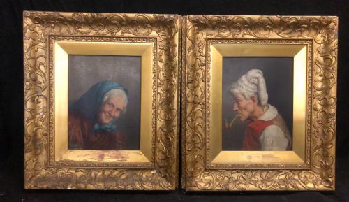 Pair of Oil Paintings of an Old Man and a Woman, Italian ( M Bicci ) Napoli