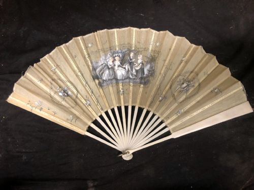A Painted Fan of White Gauze with Papier-mâché Guard and Sticks