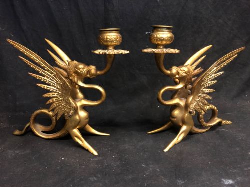 C19tg Pair of Gilt Bronze Candlesticks Shaped as Griffins