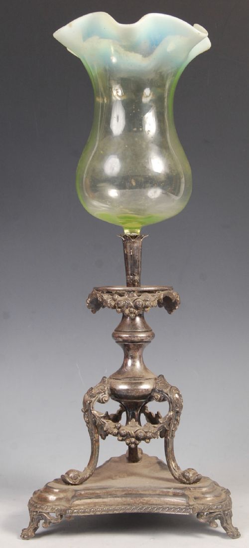 C19th Epergne Centre Piece with Vaseline Glass Bowl