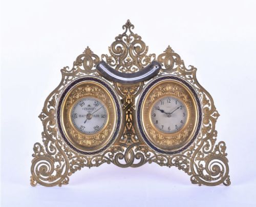 A Gilt Bronze and Enamelled Clock and Barometer Desk Set