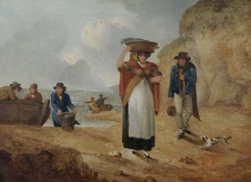 Early C19th Oil on Canvas of a Fishlass with Fishermen in Boats, Dorset Coast