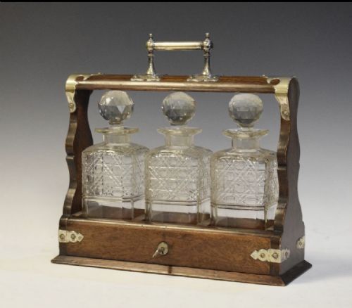 C19th Oak and Silver Plate Mounted Three Bottle Tantalus