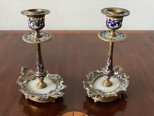 Pair of Champleve Candlesticks