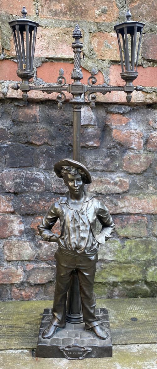 C19th Table Lamp Modelled as a Whistling Boy Leaning Against a Lamppost