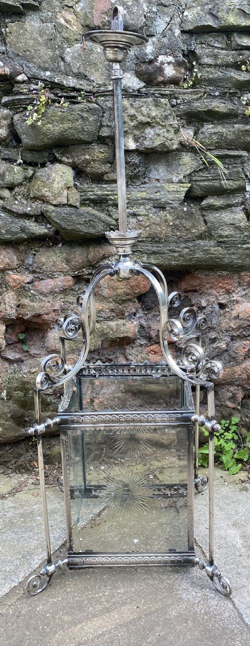 Large Hall Lantern in Silver Plate with Cut Glass Panels