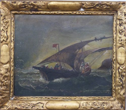 C19th Dutch Seascape with Boat Oil on Board with Gilt Frame