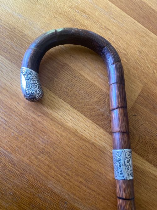 Silver Collared and Tipped Palm Wood Walking Stick