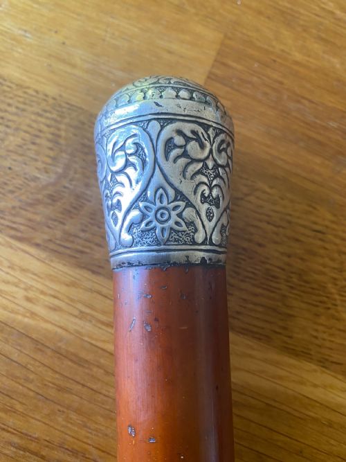 C19th White Metal Embossed Topped Malacca Walking Cane