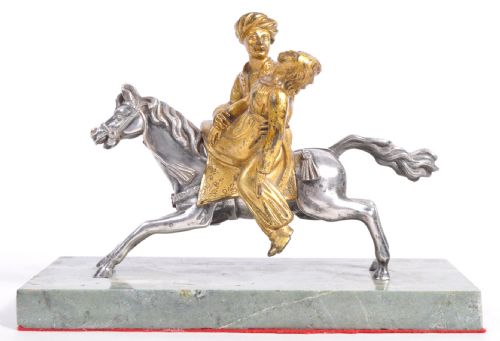 C19th Bronze Gold and Silver Plated Couple on Horseback.