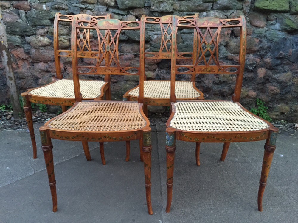 C19th set of four satinwood chairs with painted decoration