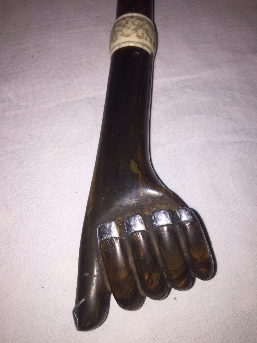 C19th novelty horn handled walking stick modelled as a hand
