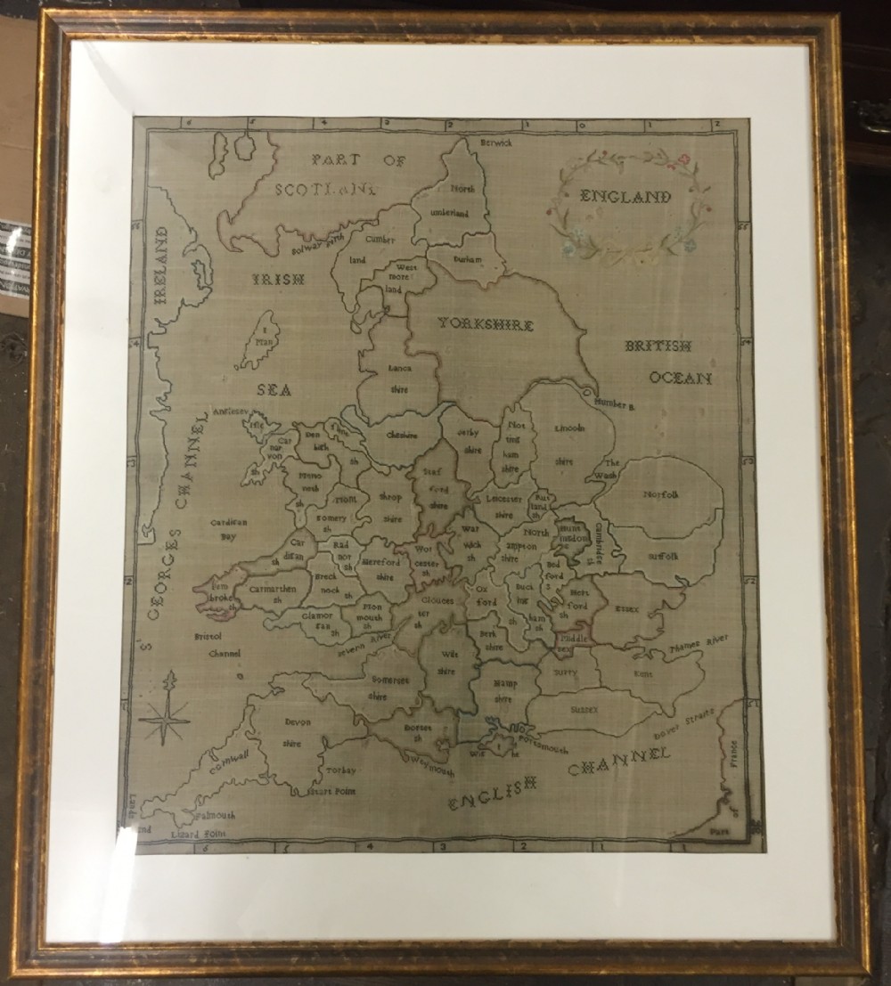 C18th large embroidered sampler map of england and wales