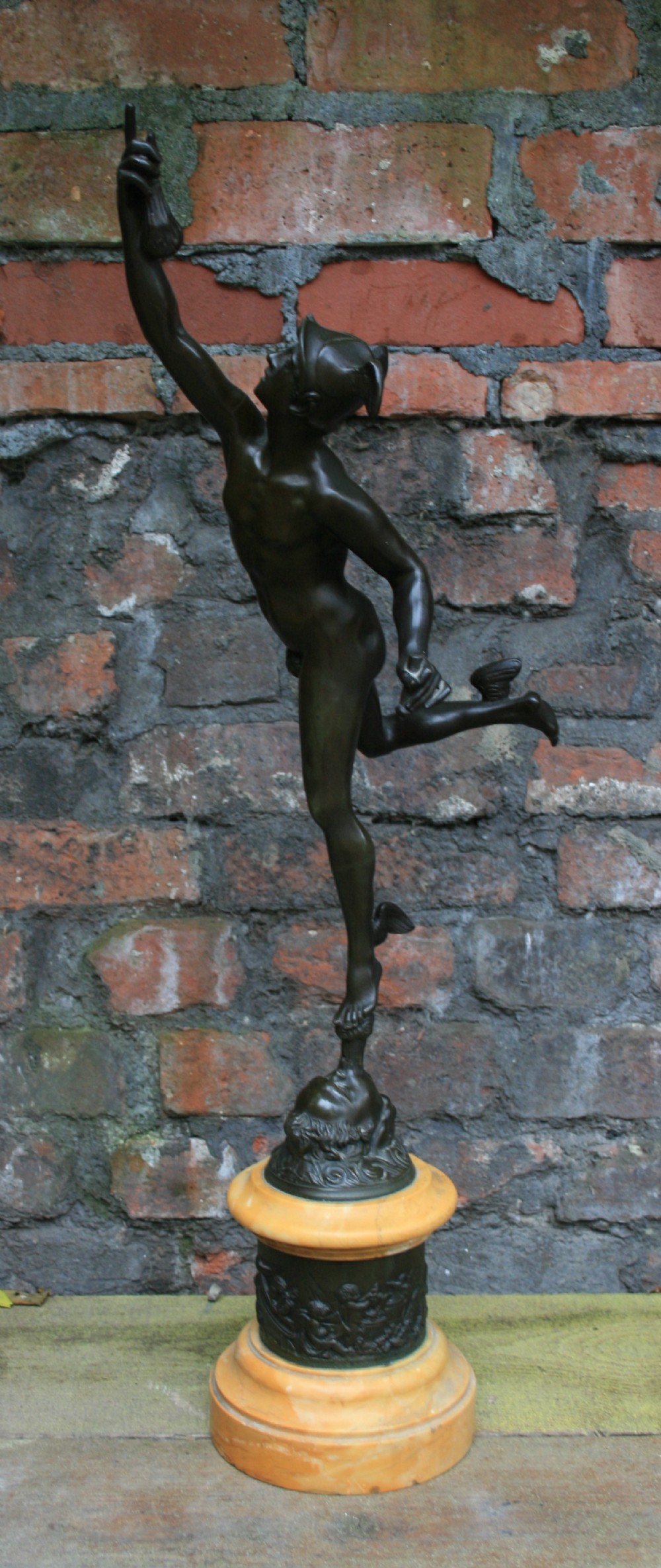 Large C19th bronze of mercury on sienna marble base