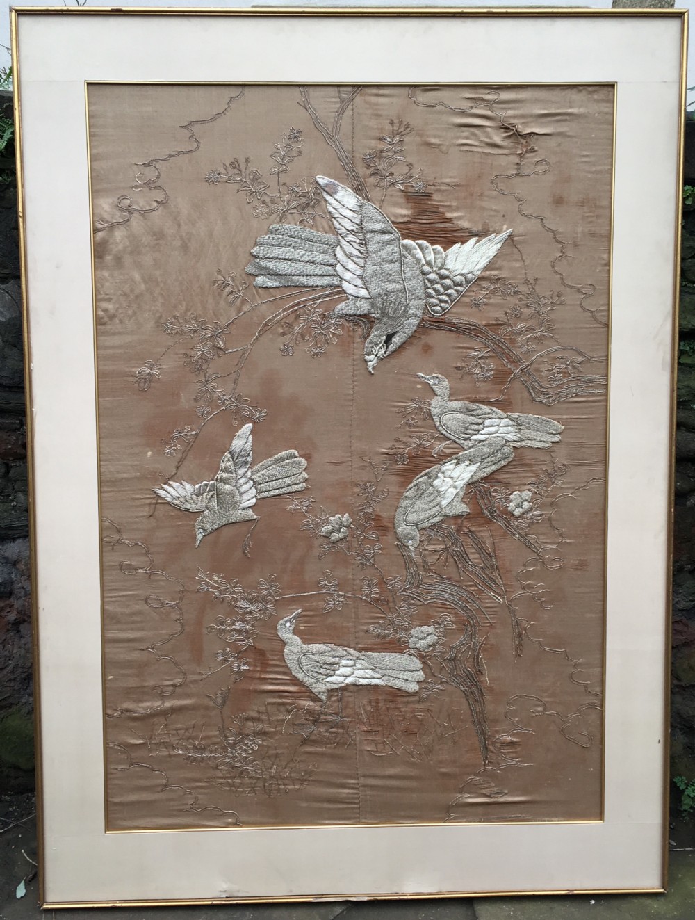 Large Chinese  wall hanging in silk and silver thrread
