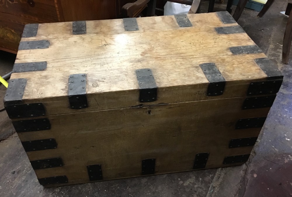C19th Pine metal banded chest