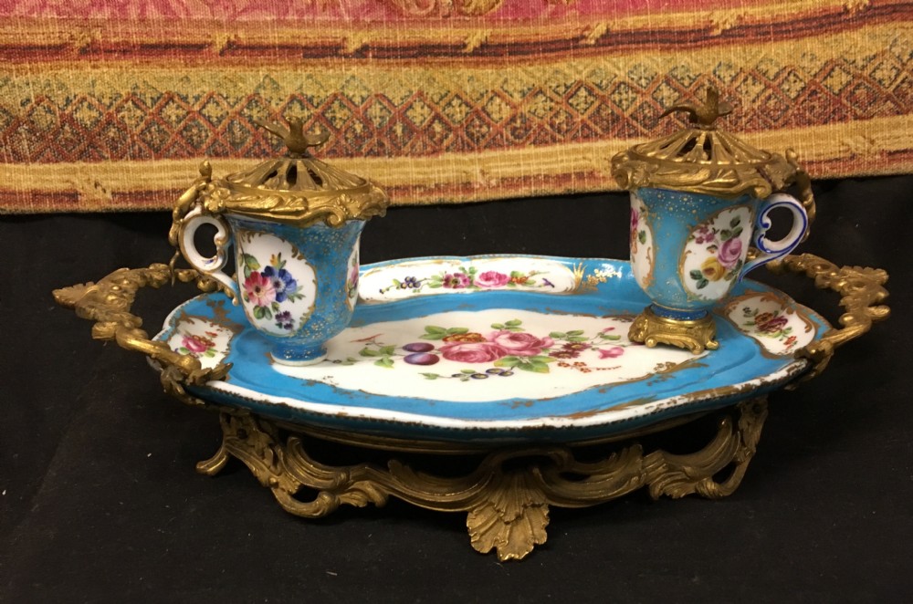 A French ormolo mounted sevres bleu celeste porcelain encrier