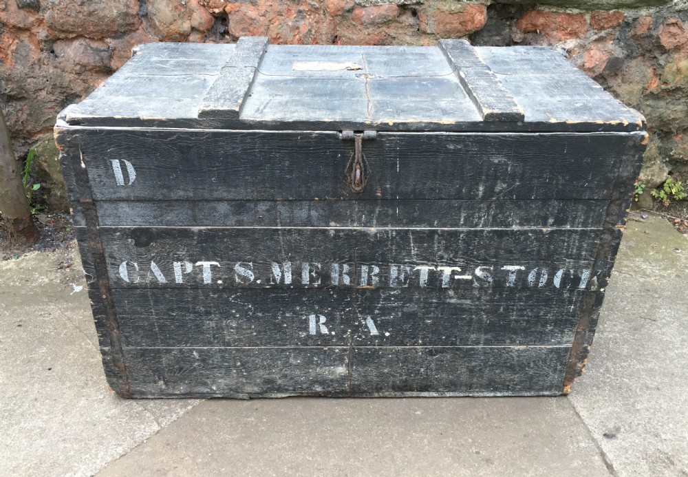 C19th tin lined pine trunk, marked Captain S Merrett stock