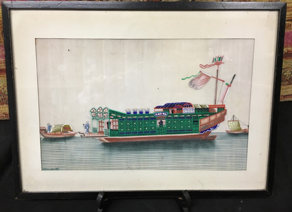 C19th Chinese painting on pith paper of a large boat.