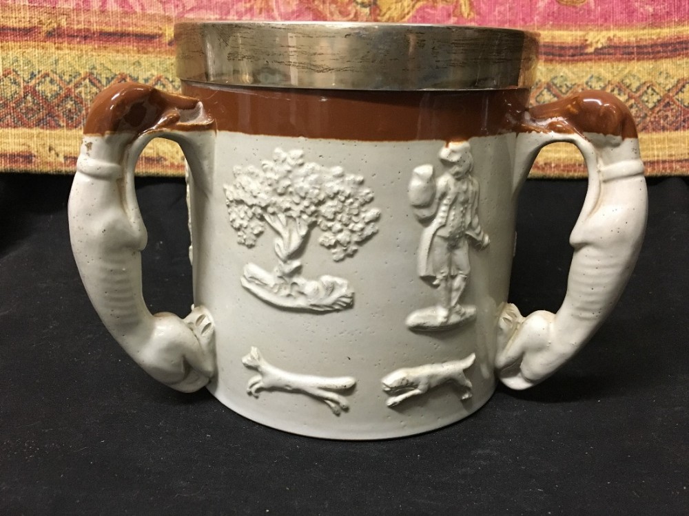 C19th large saltglazed tyg with greyhound handles