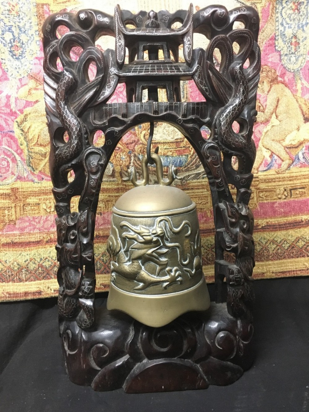 C19th Chinese carved wood inlaid with silver temple gong and stand.