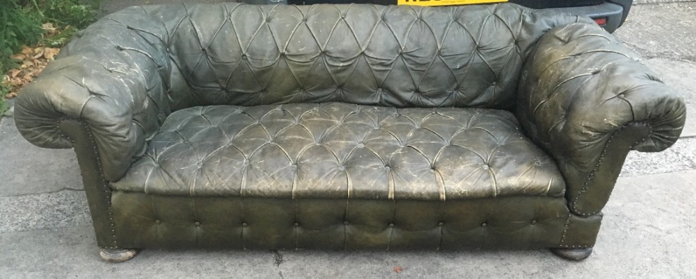 Edwardian green leather original covered Chesterfield drop arm sofa