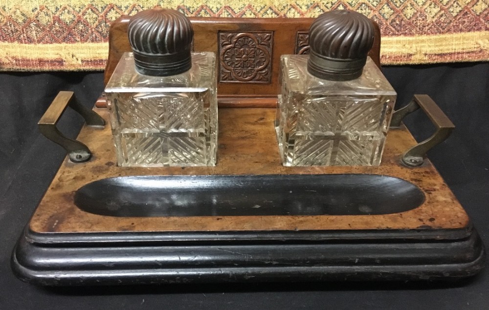 C19th walnut and brass carved double inkstand