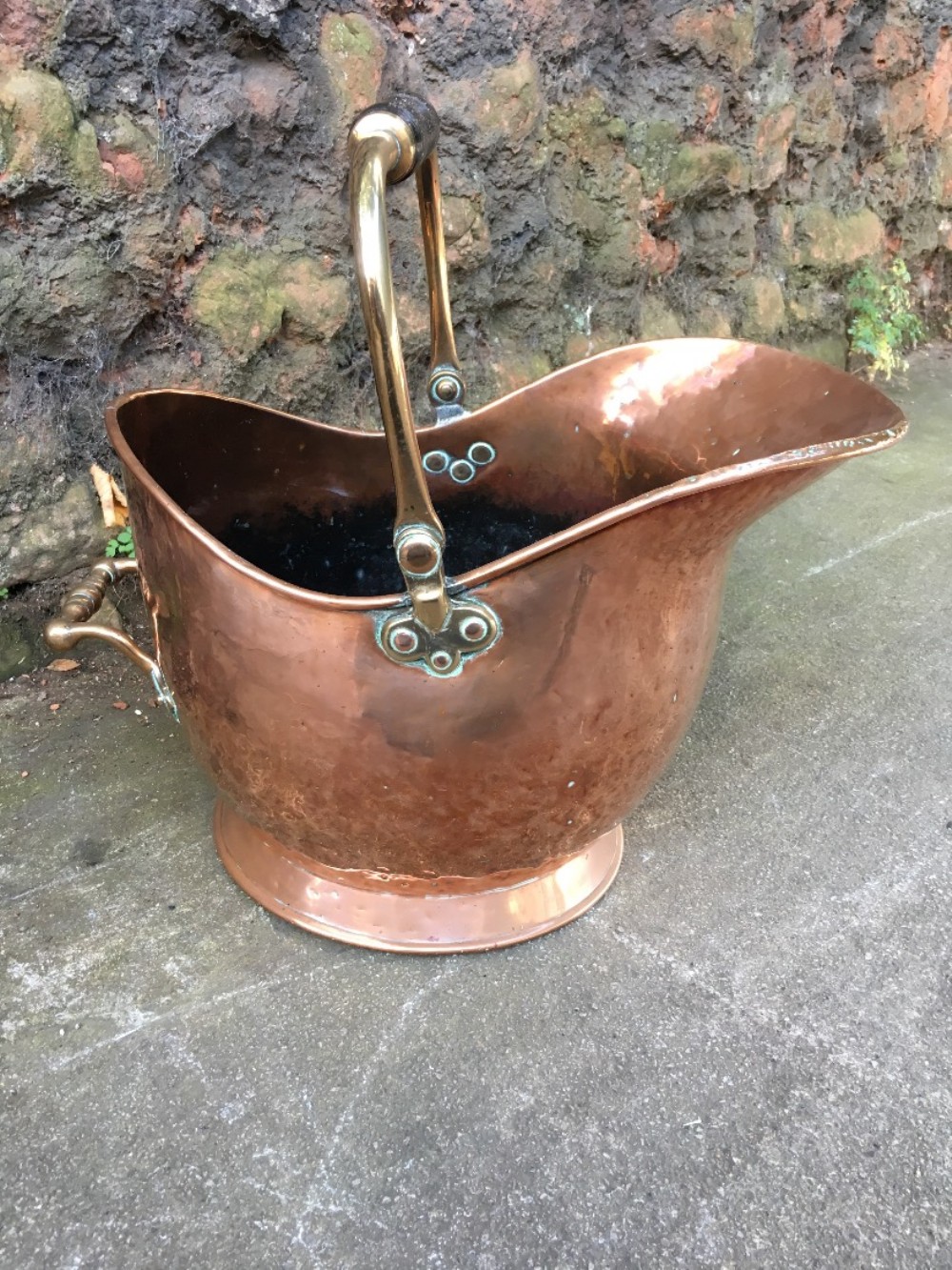 C19th copper and brass helmet shaped coal scuttle