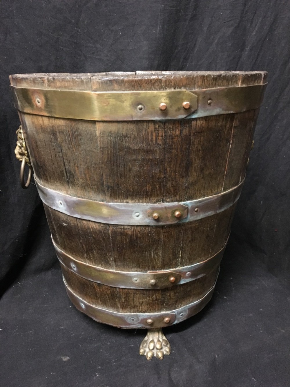 C19th coopered brass bound coal bin